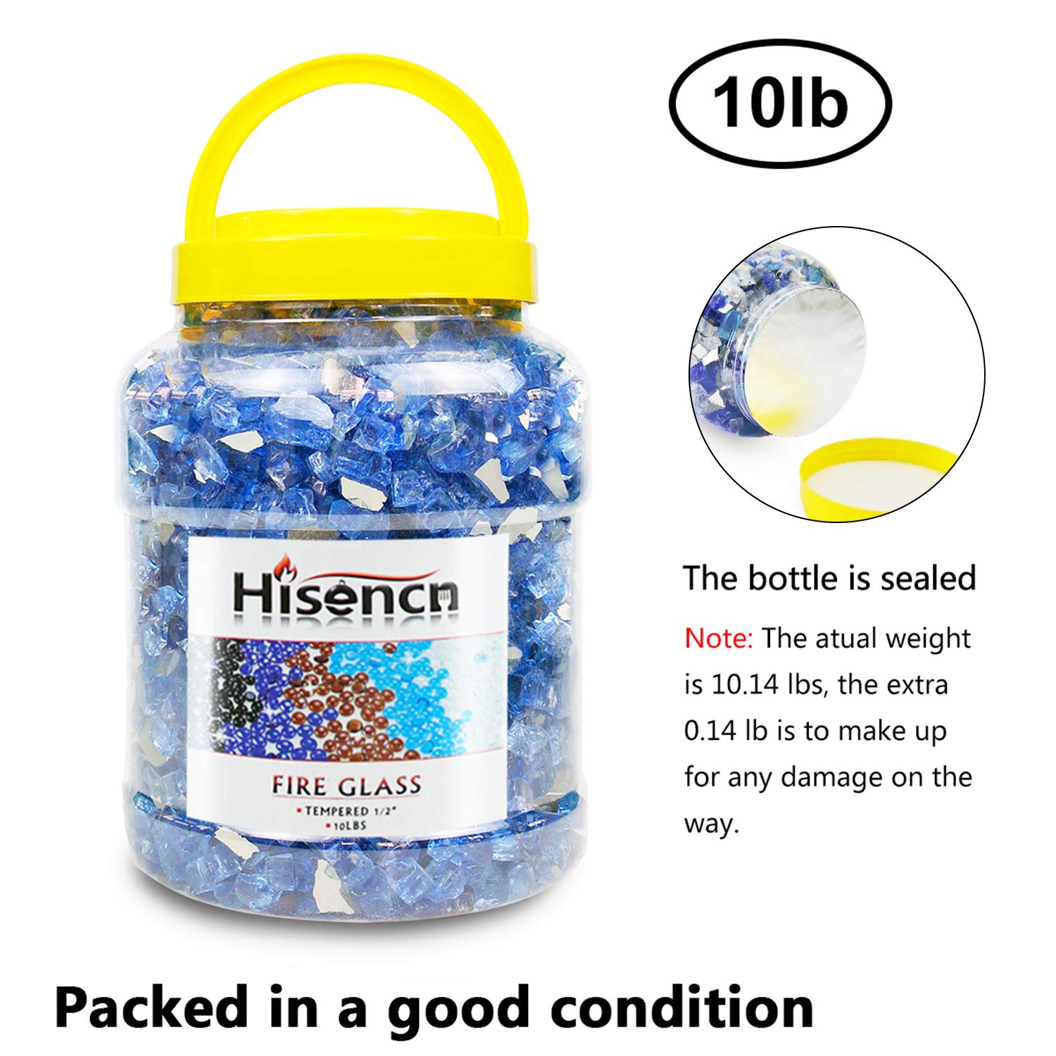 Hisencn Blended Fire Glass for Fire Pit, 1/2 Inch Tempered Glass Rocks for Gas Fireplace, Propane Bowls, Garden Landscape, Cobalt Blue, Caribbean Blue, Platinum Reflective Fireglass, 10 Pounds