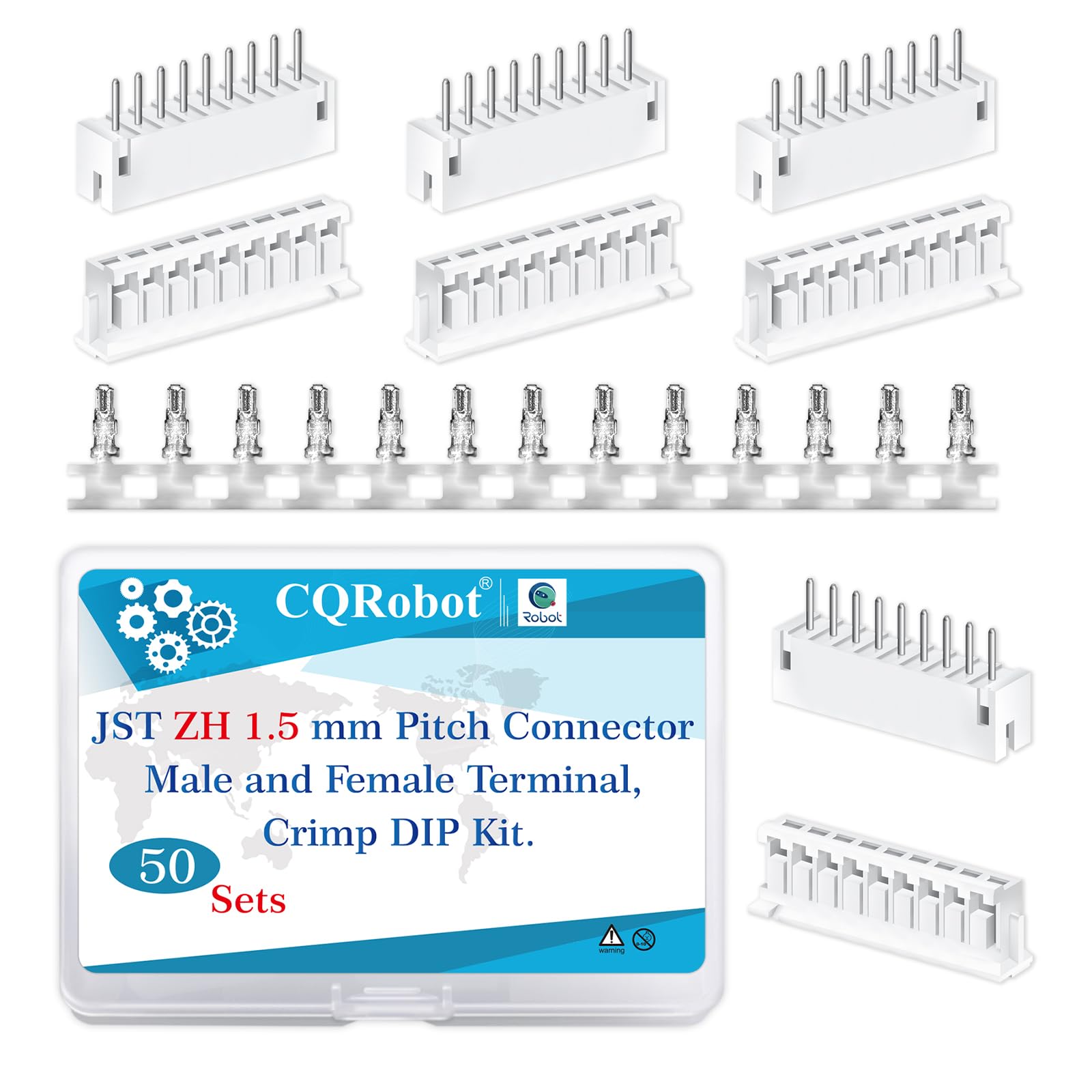 CQRobot JST ZH 1.5 mm Pitch 9-Pin Electronic Computer Connector IC Male Plugs, Female Sockets Housing and T-Shaped Crimp Terminal Kit. 50 Sets/550 Pieces Wire-to-Board Adapter Cable Assembly.