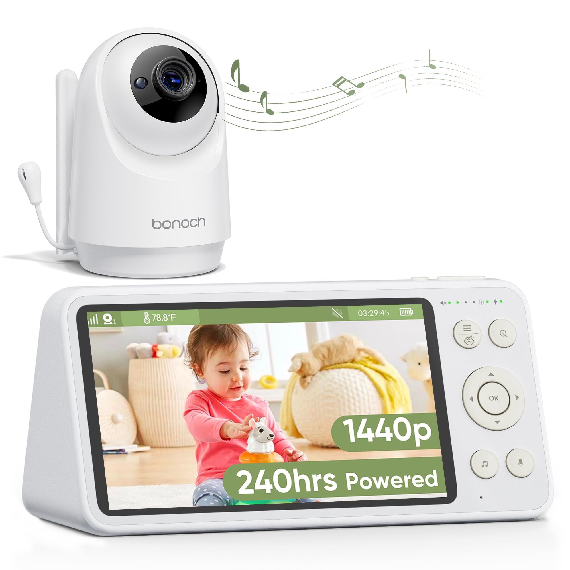 Photo 1 of bonoch 5.5" 1440p Baby Monitor with Camera and Audio, No WiFi Baby Camera, 240h Lasting, Smart Detect Sleep Turn Over/Cry/Motion, 7800mAh, Hack Proof Video Monitor, Built-in Sound Machine White Noise