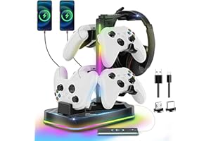 JDGPOKOO Headphone & Controller Stand with Charging Station for Xbox Series X|S/Elite 2/One/One X/One S/One Elite, RGB Controller Charger Dock for Xbox, Headset and Controller Holder with 3 USB Ports
