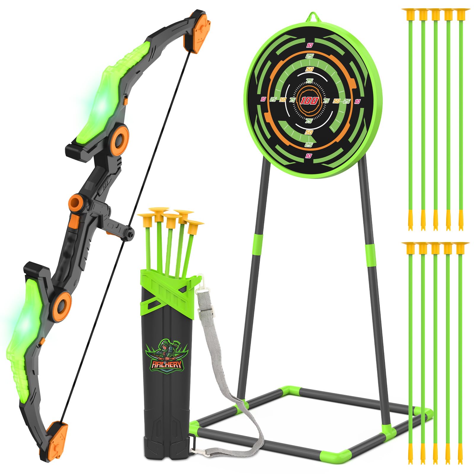 Photo 1 of Kmuxilal Kids Bow and Arrow Set with LED Flash Lights, 10 Suction Cup Arrows, Quiver and Fluorescence Standing Target-Perfect Indoor and Outdoor Archery Set Toy Gift for Boys and Girls Ages 4-12