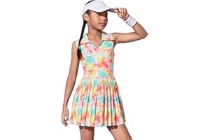 JiAmy Girls Tennis Dress Sleeveless Polo V Neck Athletic Dress Cutout Back Printed Pleated Girls Golf Dresses 3-12 Y