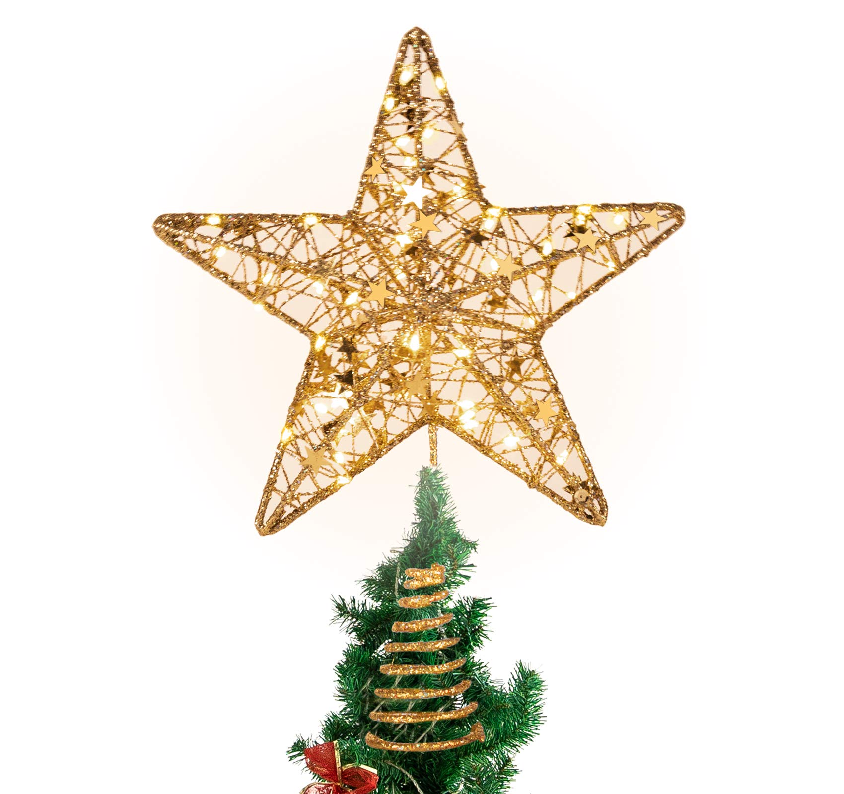 Gold Christmas Tree Toppers Star 12inch Glittering LED Tree Star Metal Christmas Tree Stars Topper Ornaments for Xmas Tree Decoration Home Decor, 31cm
