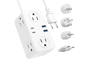 Kakyanill European Travel Plug Adapter, EU/UK/US Travel Plug Adapter Power Strip, 6 AC Outlets, 4 USB Ports (2 USB C), 3ft Wrapped Around Extension Cord, Universal Travel Adapter