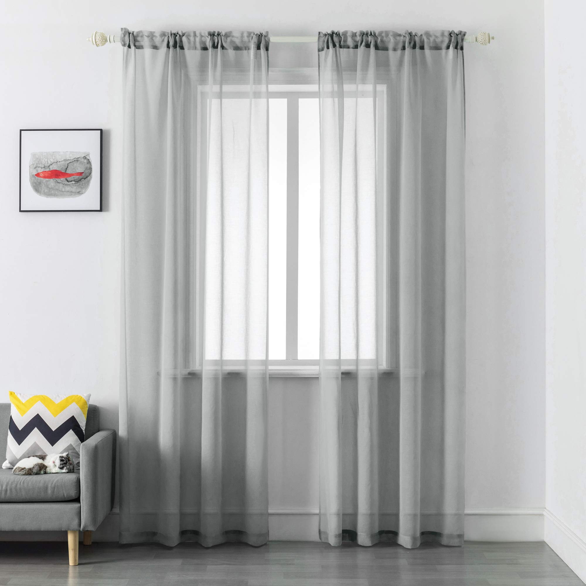 DUALIFE Grey Sheer Curtains 84 Inches Long,Faux Linen Semi Sheer Curtain for Living Room Bedroom Bathroom Privacy Voile Light Filtering Window Curtains Gray, 52 x 84 Inches,Set of 2 Panels