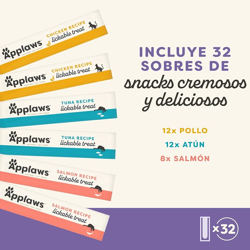100 % Natural cremoso lickable sin Cereales Snack para Gatos y Gatitos, Pack Variedad, 32 × 15 g Sobres
