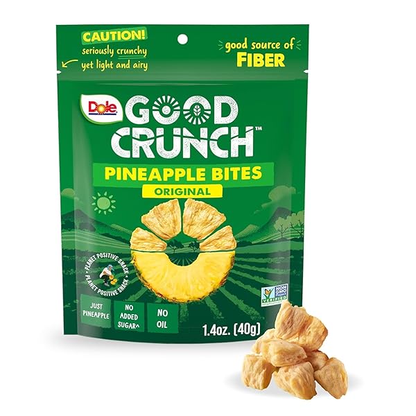 DOLE GOOD CRUNCH PINEAPPLE DRIED FRUIT BITES, GLUTEN FREE & VEGAN SNACK, 1.4OZ BAG