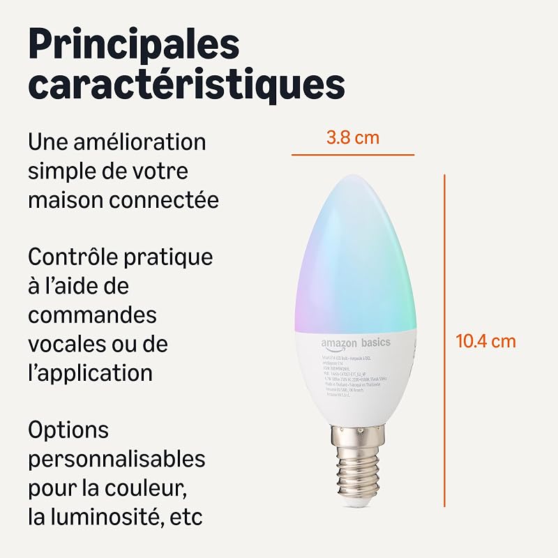 Lot de 2 ampoules intelligentes E14, Wi-Fi 2,4 GHz, pas de concentrateur nécessaire, fonctionne avec Alexa uniquement, changement de couleur, lot de 2 — photo 2 sur 8