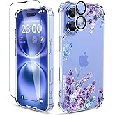 ilnehc for iPhone 16 Case,[3 in 1] with Screen Protector & Camera Lens Protector, Flower Pattern Design,Clear Soft Shockproof Slim Floral Phone Cover for Women Girls 2024 6.1" (Lavender/Purple)
