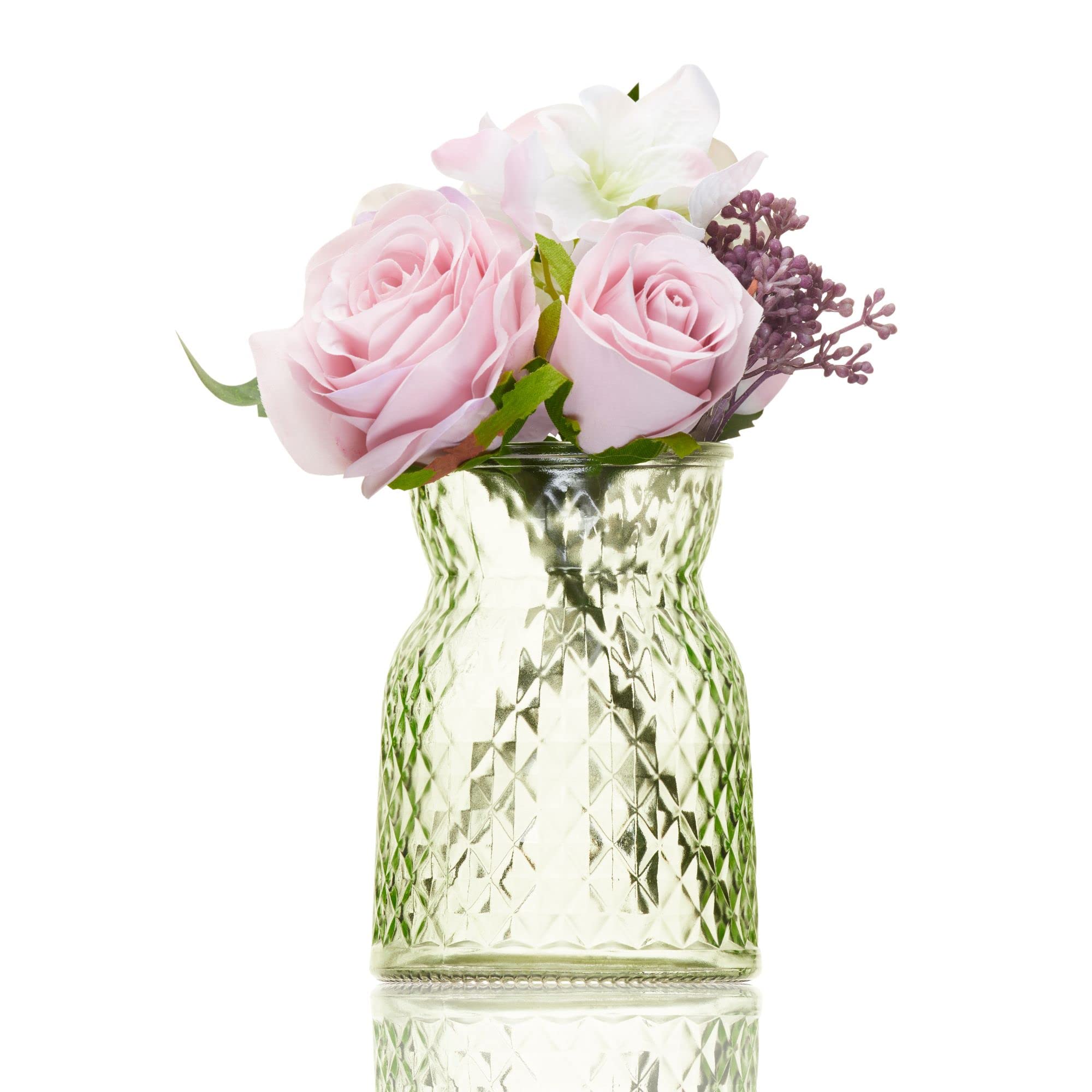Wrenbury Small Green Glass Vase for Flowers 16cm – Decorative Wide Neck Olive Vase for Roses, Posy, Peony, Tulips – Short Vases for Table Decoration for Mothers Day