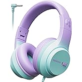 awatrue Kids Headphones, 74/85/94dB Volume Limiter, Foldable Wired Over Ear Headphones for Travel, 3.5mm Jack, Toddler Headphones for School, Chromebook, iPad, Tablet, Purple Green