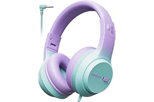 awatrue Kids Headphones, 74/85/94dB Volume Limiter, Foldable Wired Over Ear Headphones for Travel, 3.5mm Jack, Toddler Headphones for School, Chromebook, iPad, Tablet, Purple Green