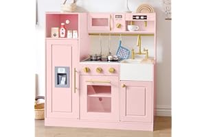 inFUNSAME Kids Wooden Play Kitchen for Girls Pretend Toy Kitchen Playset with Real Lights and Sounds and 14 Pcs Fun Accessori