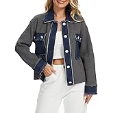CUFEZN Womens Patchwork Denim Cardigan Sweater 2025 Fall Winter Button Down Long Sleeve Chunky Knit Cardigan with Pockets