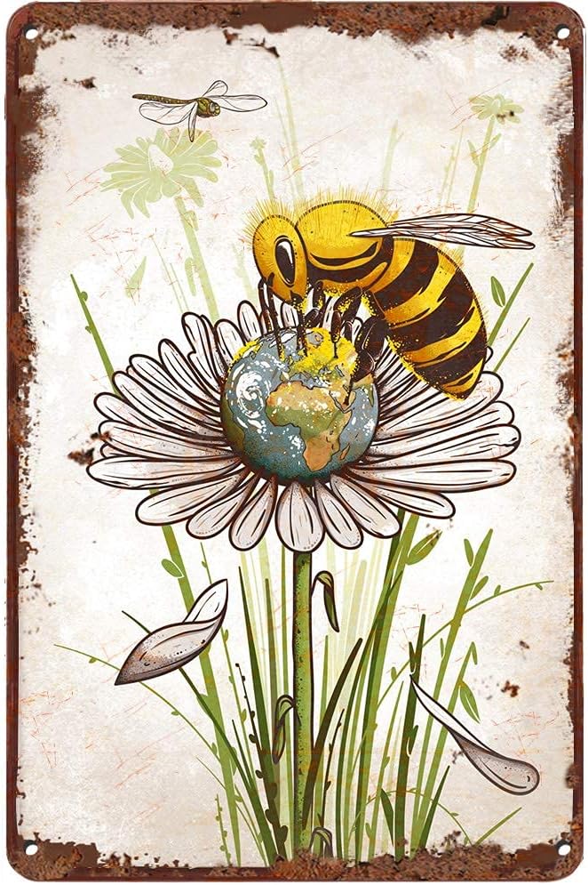 LINQWkk Creative Tin Sign Save The Planet Bee Funny Novelty Metal Sign Retro Wall Decor for Home Gate Garden Bars Restaurants Cafes Office Store Pubs Club Sign Gift 12 X 8 INCH Plaque Tin Sign