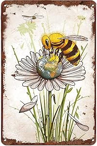 LINQWkk Creative Tin Sign Save The Planet Bee Funny Novelty Metal Sign Retro Wall Decor for Home Gate Garden Bars Restaurants Cafes Office Store Pubs Club Sign Gift 12 X 8 INCH Plaque Tin Sign