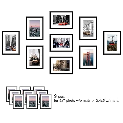 Wood Meets Color 9 Pcs Picture Frames Set Wall Gallery Collage Frames With Hanging Template Real Glass Window And Photo Mats 9 5x7 Photo Frames