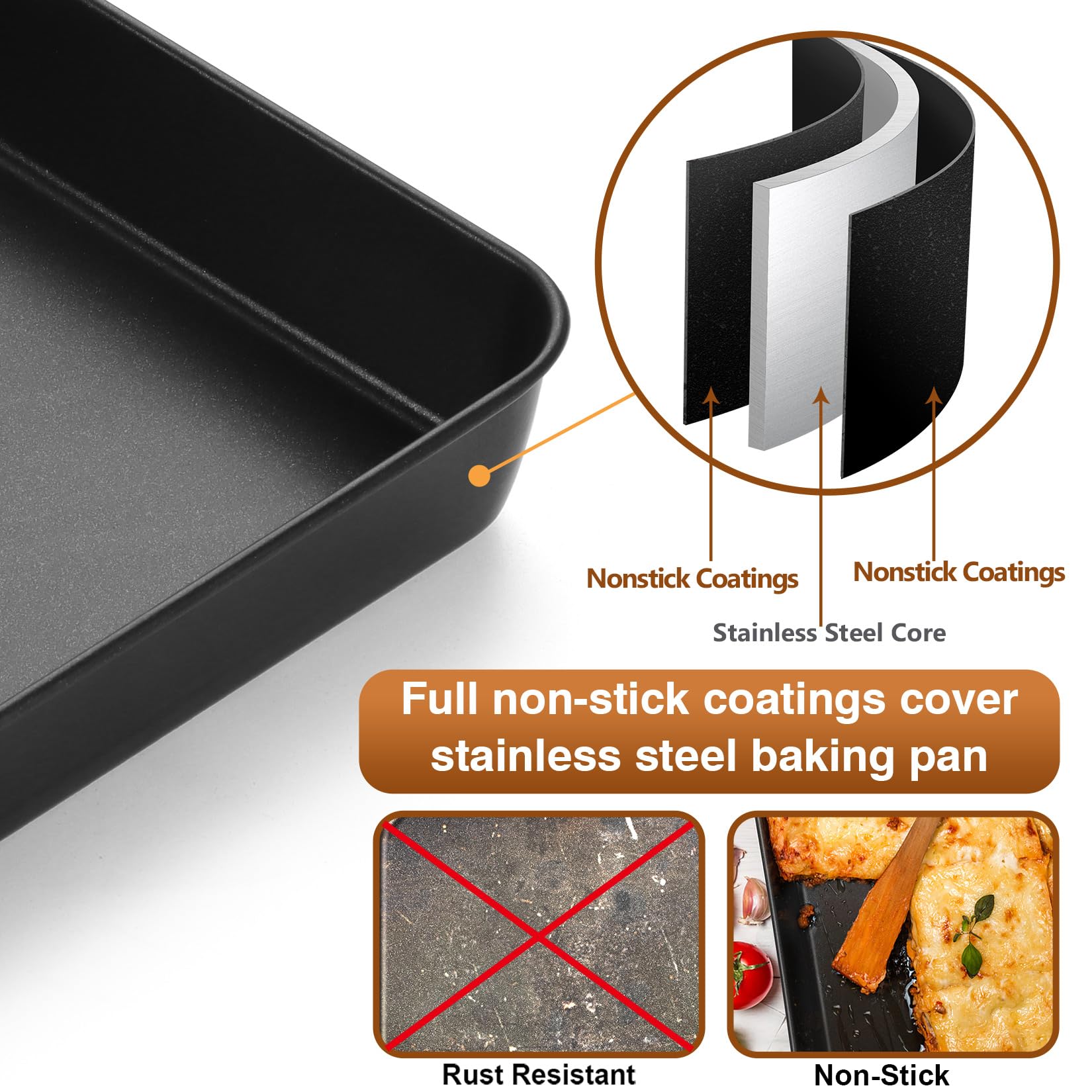 P&P CHEF Nonstick Lasagna Pan Rectangular Cake Pan, 12.3 Inch Deep Baking Pan for Brownie Meats Lasagna, Rectangular Bakeware for Oven Use, Easy Clean & Heavy Duty, Stainless Steel Core, Black