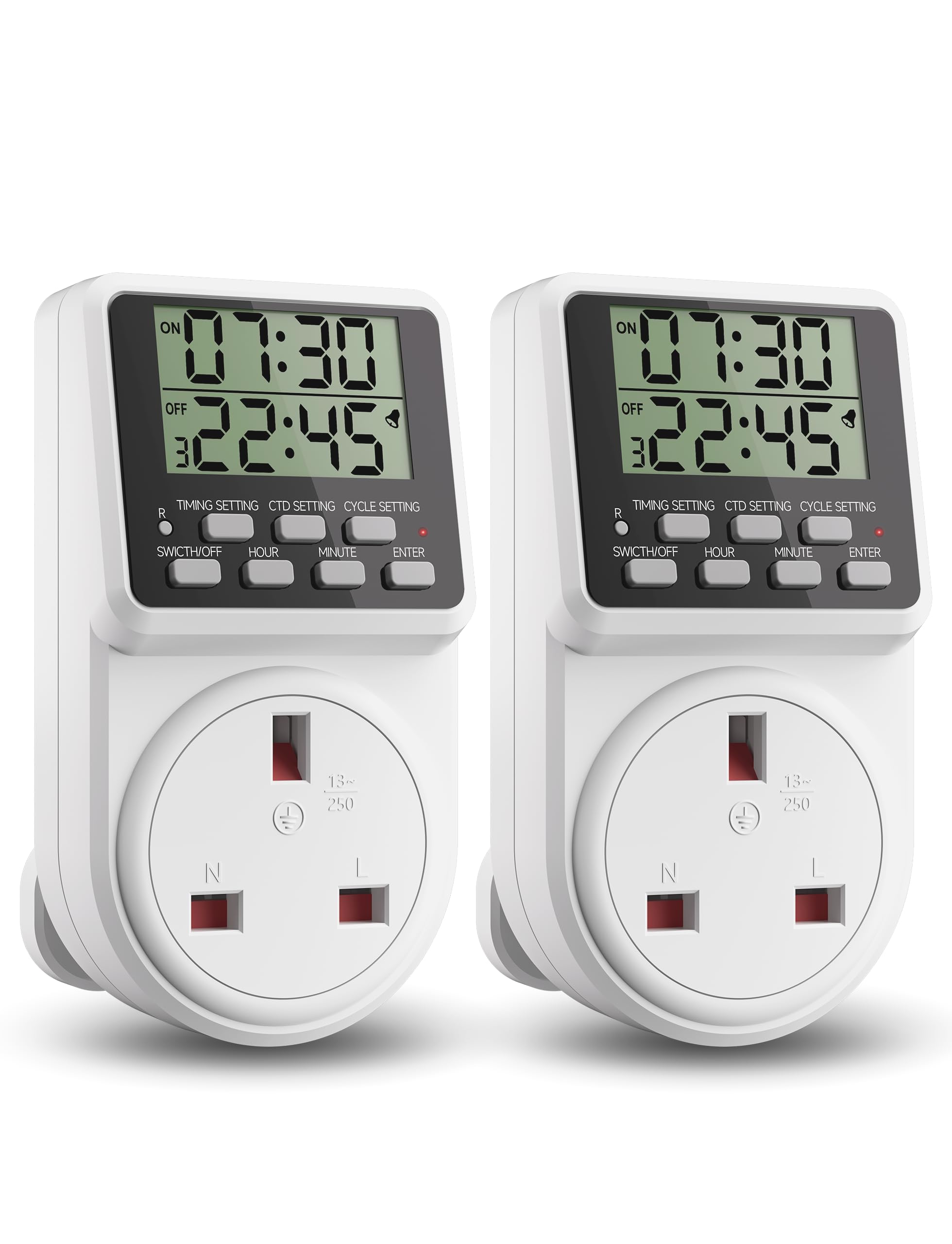 ORIDGET 24 Hour Digital Electric Timer Plug Socket UK with On-Off Repeat Cycle Timer, Daily Program and Countdown for Lights and Home Appliances, 13A / 240V (2 Products in One Packing Box)