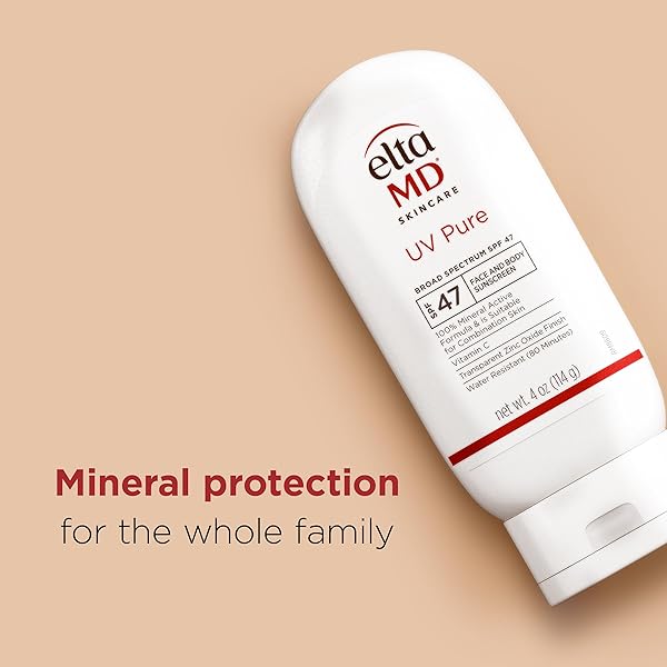 ELTAMD UV PURE FACE AND BODY SUNSCREEN, SPF 47 MINERAL SUNSCREEN FOR KIDS AND ADULTS, WATER RESISTANT UP TO 80 MINUTES, OIL FREE ZINC OXIDE FORMULA, 4.0 OZ