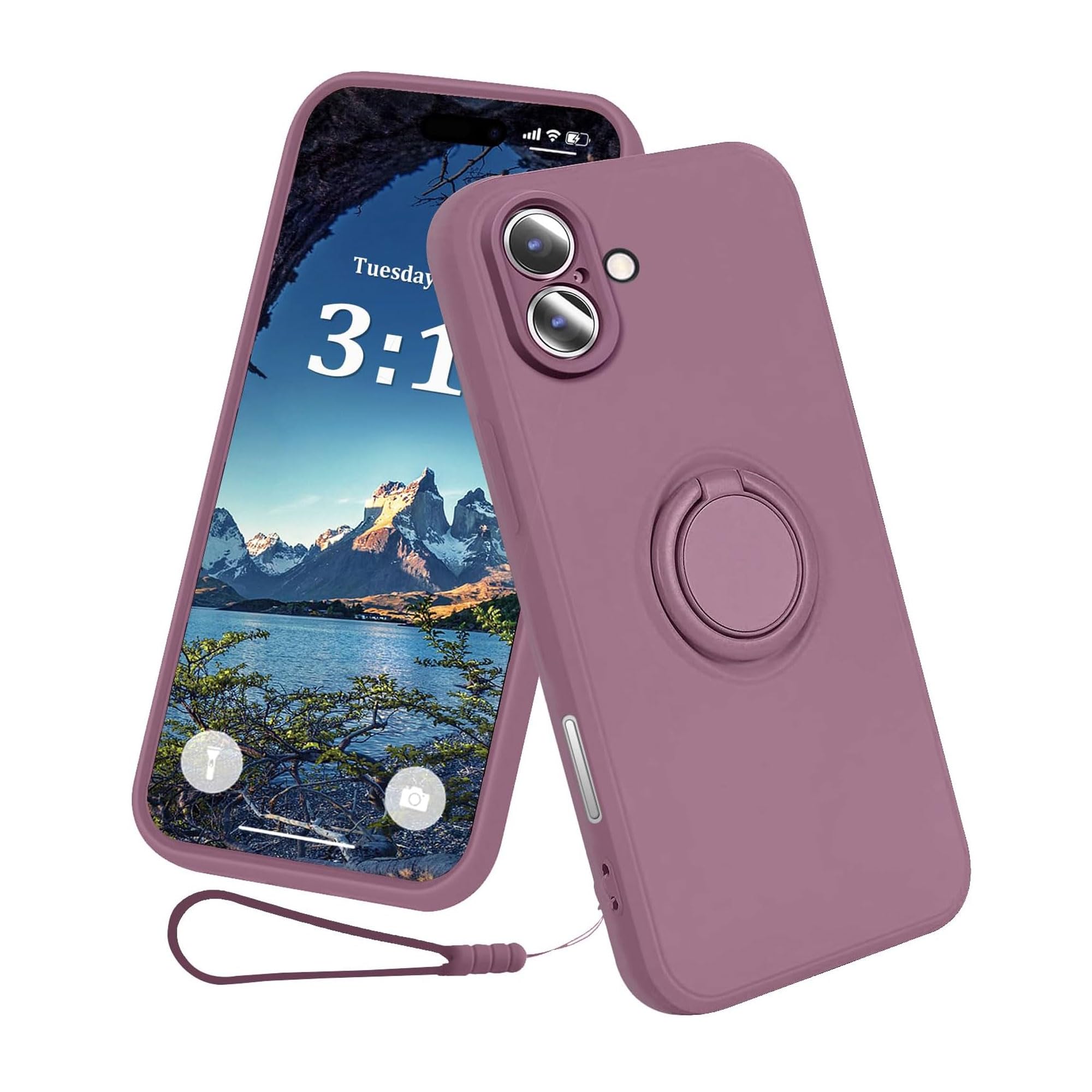 Photo 1 of Silicone Ring Case for iPhone 16, Ultra Slim Drop Protection Case with 360° Rotating Ring Stand, Magnetic Car Mount Support for iPhone 16, 6.1", Purple