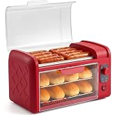Elite Gourmet 8-Hot Dog Roller/Toaster Oven, 5 Rollers, Auto Shut-Off, Red | 30-Min Timer, Stainless Steel Rollers, 2 Warming Racks, Bun Warmer &amp; Drip Pan - cooks brats, sausages &amp; taquitos
