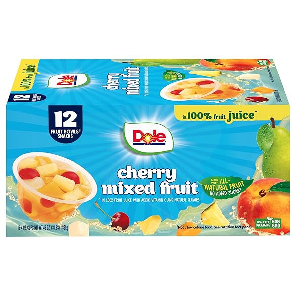 DOLE FRUIT BOWLS CHERRY MIXED FRUIT IN 100% JUICE SNACKS, 4OZ 12 TOTAL CUPS, GLUTEN & DAIRY FREE, BULK LUNCH SNACKS FOR KIDS & ADULTS