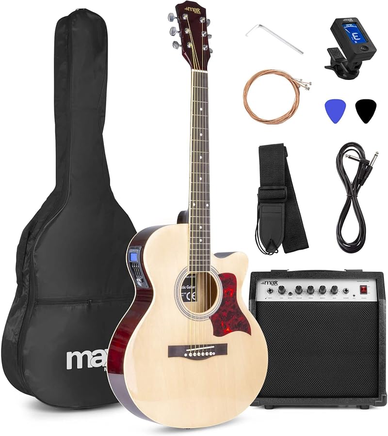 MAX Max SHOWKIT Beginner Electric Acoustic Guitar Starter Kit 40W Amp Natural