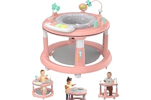QIZHI-BEAR Baby Walker with 5 Adjustable Heights, Baby Walkers and Activity Center for Boys Girls Babies 6-12 Months, Features 360 Degree Swivel Seat, Music, Detachable Toys, Bounce Foot pad（Pink）…