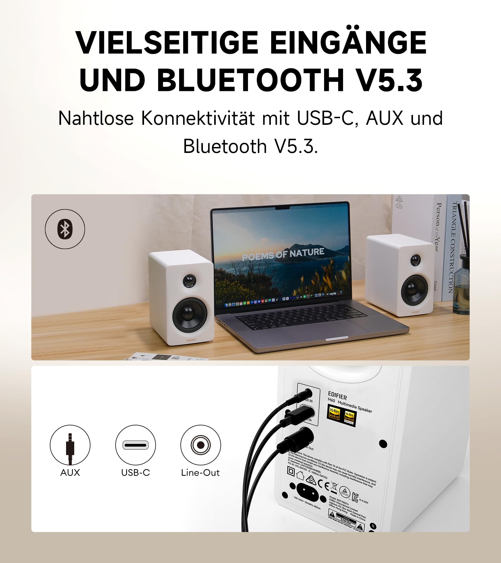 Edifier M60 Multimedia-Lautsprecher Bluetooth 5.3, 66W RMS, Hi-Res Audio & Hi-Res Wireless Audio, LDAC, 3" Mittelbass & 1" Hochtöner, USB-C & Aux-Eingänge, Kompakter Desktop Lautsprecher - Weiß 5