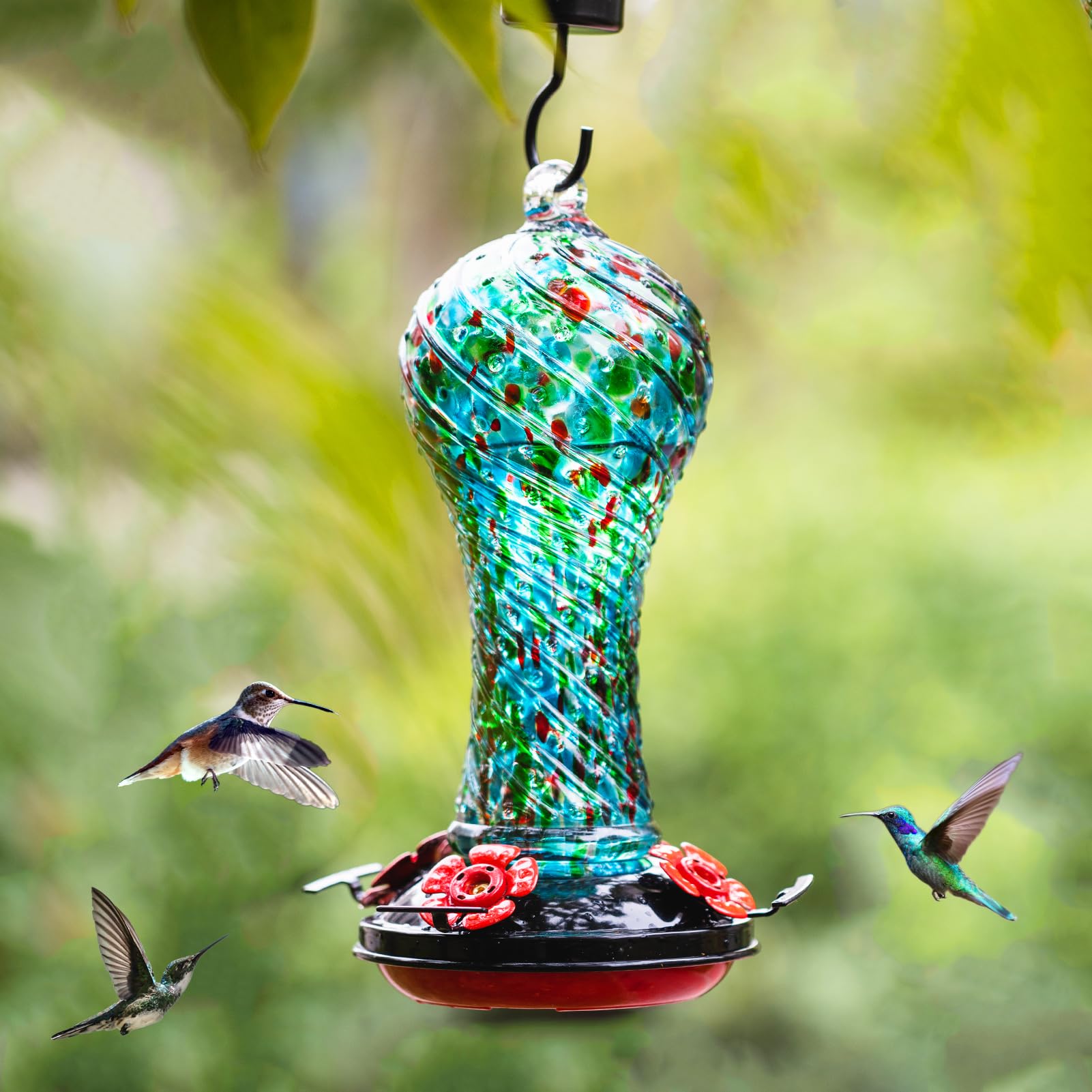 Muse Garden Gifts for Women Hummingbird Feeder Glass, 20oz Hummingbird Feeders for Outdoors Hanging Ant and Bee Proof, Mom Grandma Birthday Christmas Unique Gifts, Hand Blown Garden Decor, Blue Green