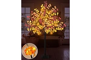 Uieke 4FT 48LED Lighted Fall Eucalyptus Tree Artificial Fall Tree with 12PCS Pumpkins & 8 Modes Thanksgiving Fall Decorations for Home Autumn Decor Indoor Outdoor