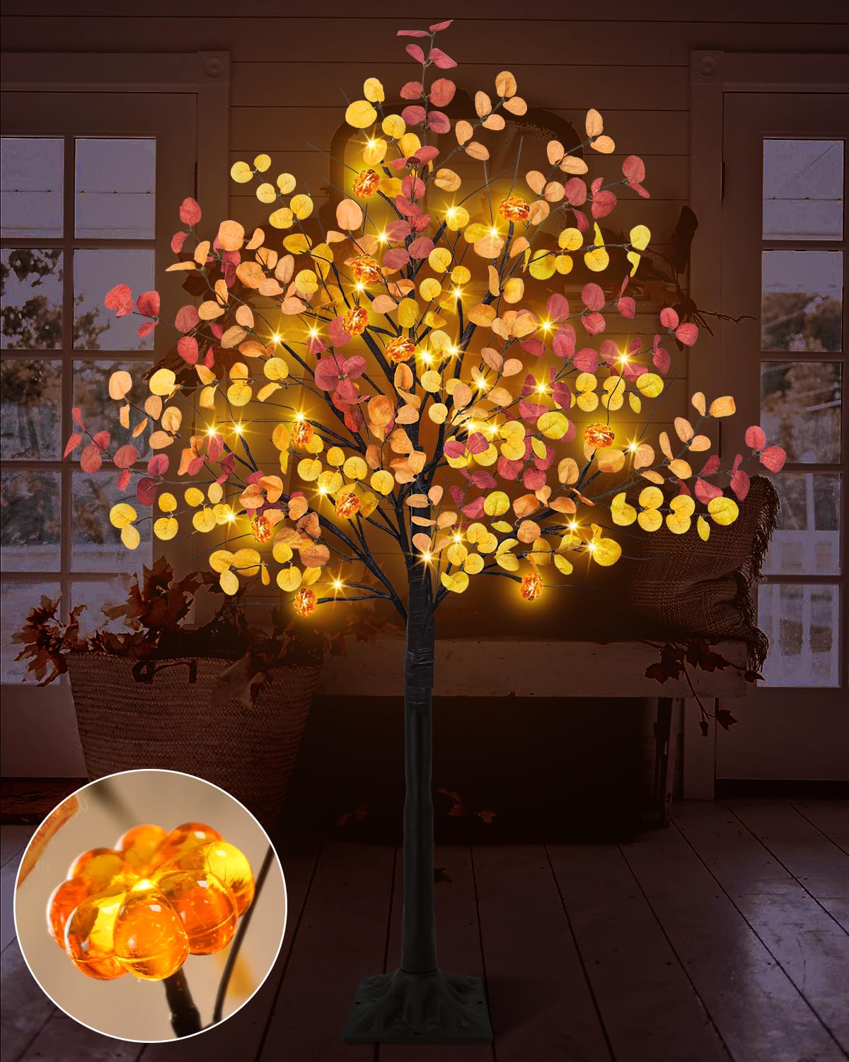 Uieke 4FT 48LED Lighted Fall Eucalyptus Tree Artificial Fall Tree with ...