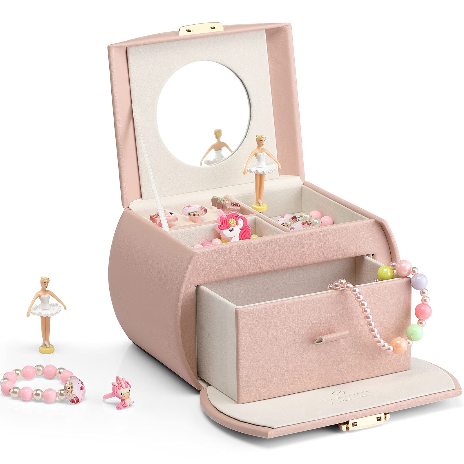 Vlando Girls Jewellery Box with Drawer, Music Box with Ballerina and Stickers for Bedroom Decor, Gifts for Girls Kids, Pink