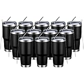 MEWAY 30oz Insulated Tumbler With Lids and Straws,Stainless Steel Double Vacuum Coffee Tumbler Cup, Brush, Durable Powder Coated Coffee Cup for Cold & Hot Drinks, Office, Travel(Black,12 PACK)