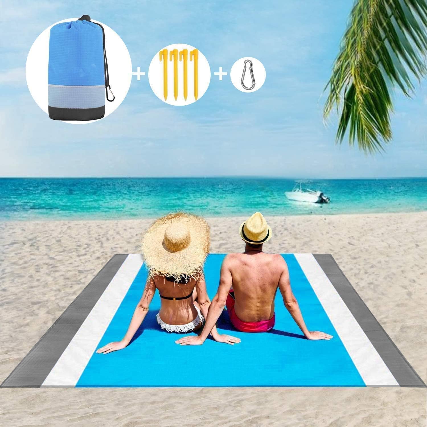 Beach Blanket Sand Proof,JASLITE 83INx79IN Sand Free Picnic Blanket Mat Lightweight Oversized Sandless Blanket with Storage Pockets, 4 Anchor Loops & Metal Stakes for Travel, Camping, Hiking