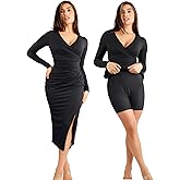 Popilush Shapewear Dress V Neck Formal Wedding Midi Dress Built in Shapewear for Women Long Sleeve Bodycon Dress