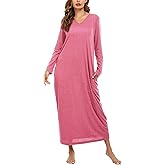 Marvmys Women Cotton Long Nightgowns Long Sleeves Nightshirts V Neck Full Length Sleep Shirts with Pocket