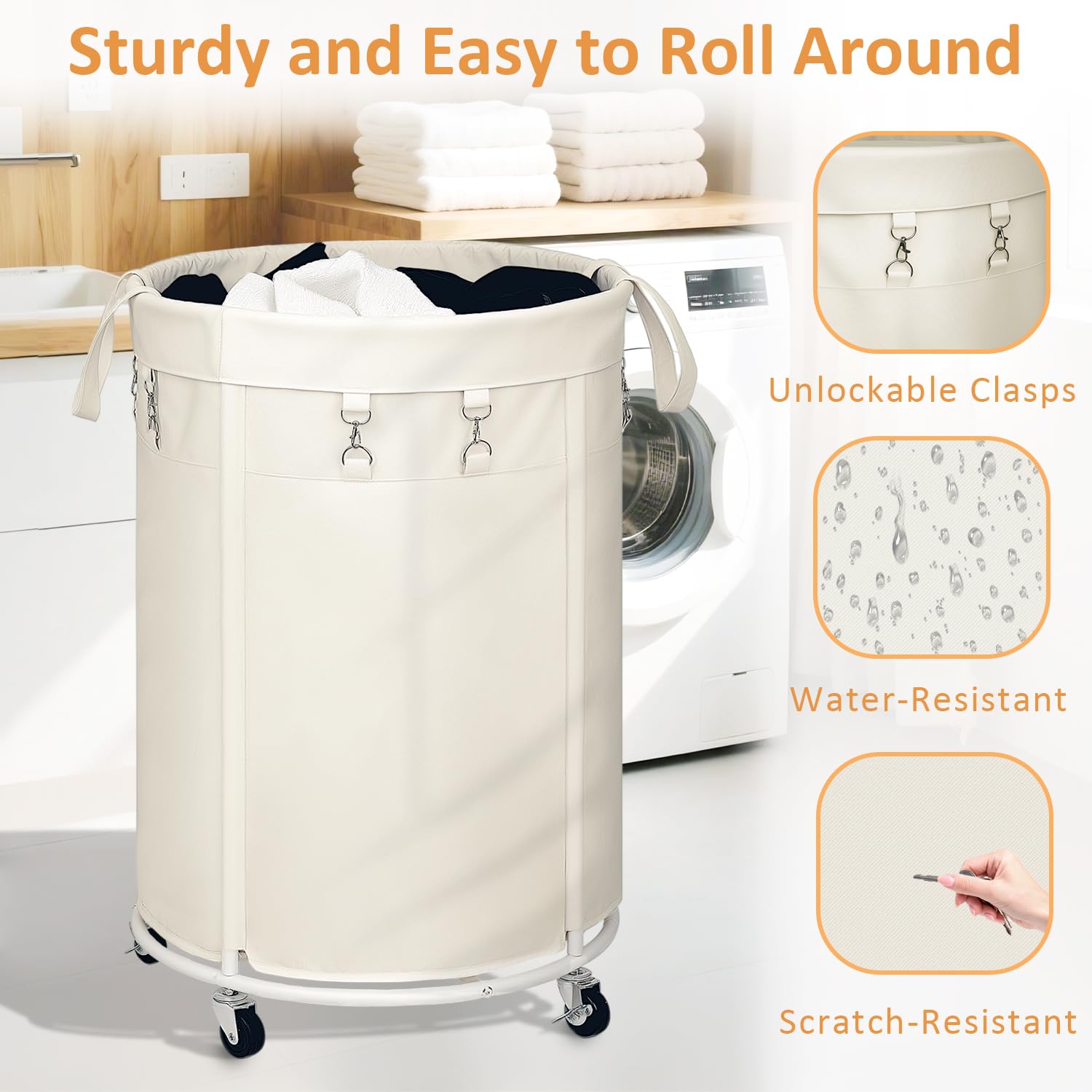 150L Wäschekörbe mit Rollen, Große Wäschesammler mit Metallrahmen und Wasserdichter Wäschesack, Laundry Baskets Wäschewagen für Waschküche, Schlafzimmer, Badezimmer, Beige 4