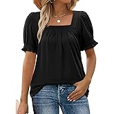 siliteelon Womens Summer Tops Pleated Square Neck Ruffle Puff Short Sleeve Blouse Cute Casual Vacation Outfits 2026