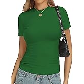 YOGINGO Womens Casual Basic Tops Summer Autumn White Black Short Sleeve Crew Neck T Shirts Slim Fit Tees Going Out Y2k Cute Tops Tight Fitted Plain Compression Baby Tee Shirts 2025 Trendy