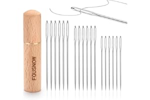 FOUSNOW 18 PCS Steel Sewing Needles, 3 Different Sizes Embroidery Large Eye Needles for Hand Sewing, Sharp Hand Sewing Needle Supplies with Solid Wood Needle Case for Repair Home Crafts