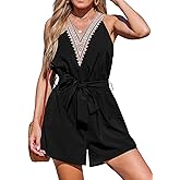 CUPSHE Women's Romper Sleeveless V Neck Lace Trim Romper Tied Waist Jumpsuit Straight leg Outfit Coverup Casual Dressy