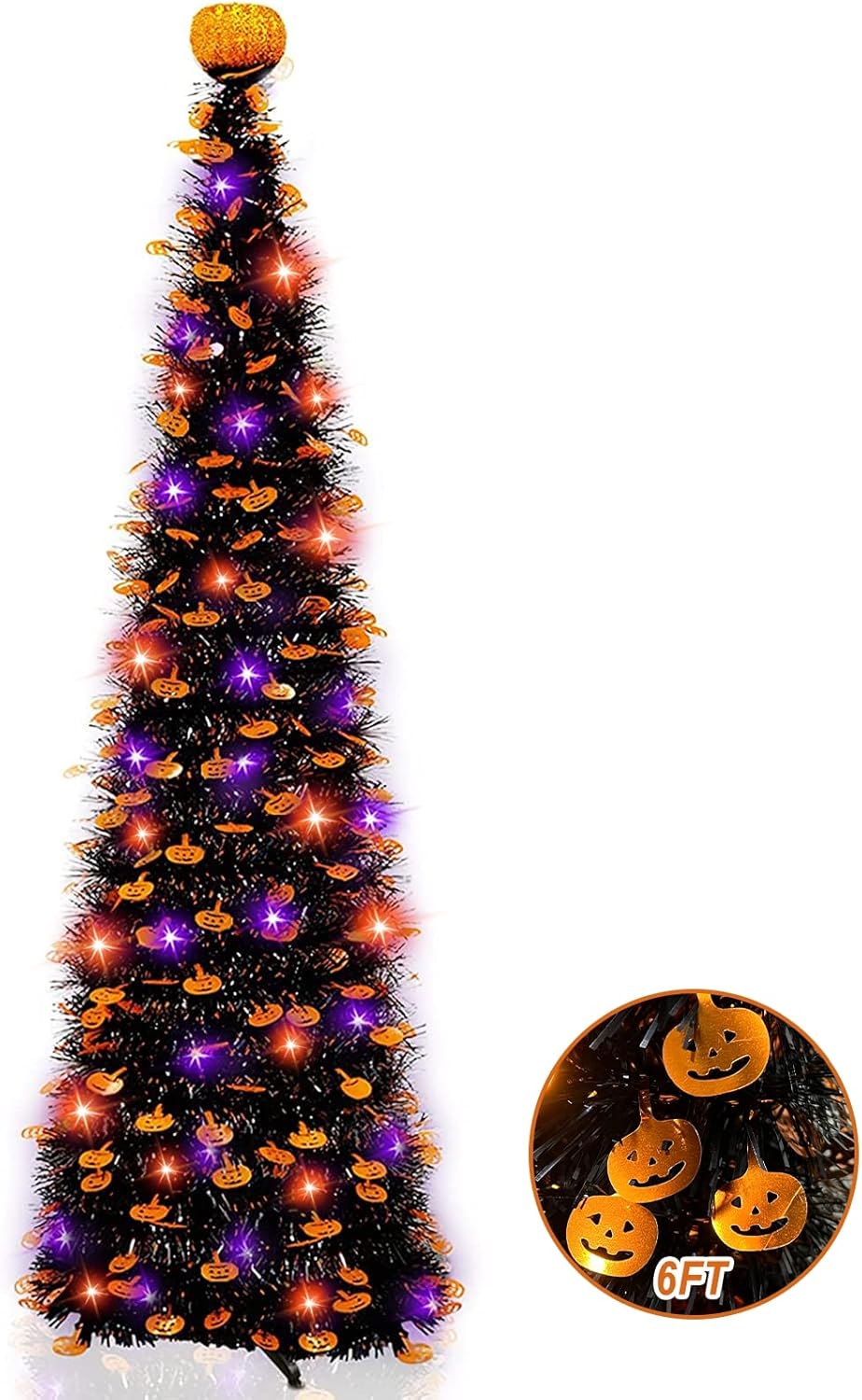 Trees - 6 Ft 60 LED Tinsel Halloween Tree Decor with Orange & Purple Lights Timer Black Tinsel Christmas Tree Bats Battery Operated Pop Up Artificial Tree Indoor Outdoor Halloween Decorations Home Party