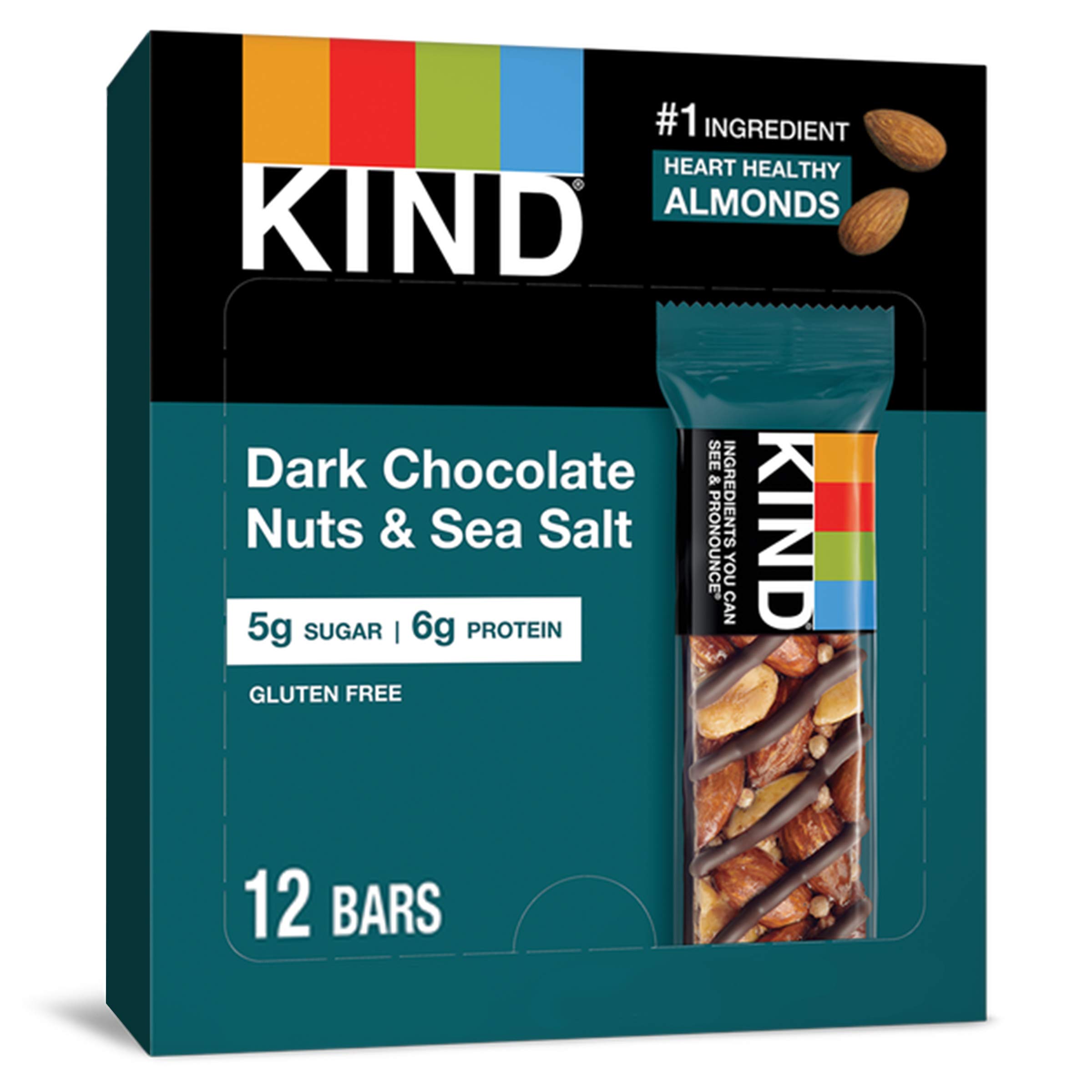 KIND Bars, Dark Chocolate Nuts & Sea Salt, Gluten Free, Low Sugar, 1