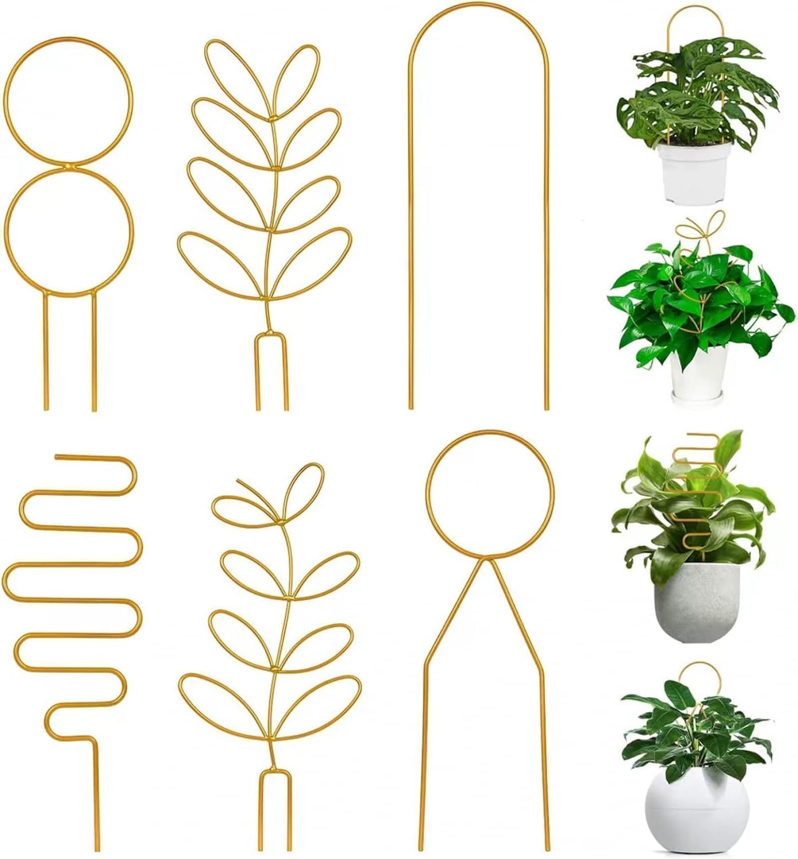 6 Pcs Metal Garden Trellis, Small Trellis for Potted Plants, Different Patterns Plant Trellis for Houseplant Pots Outdoor DIY Flower Pots Support, Golden