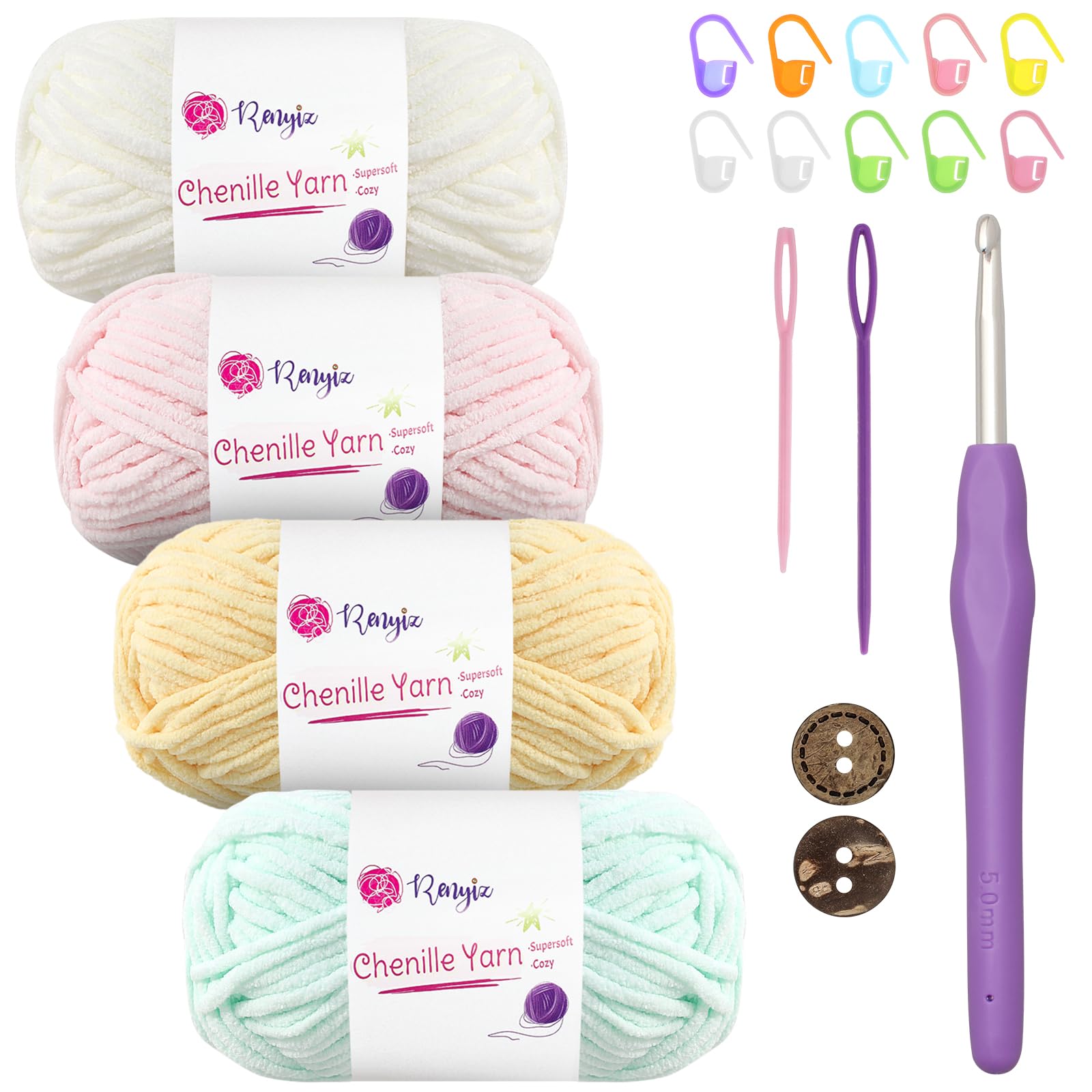 Thick Soft Chunky Chenille Yarn 4x50g(60m/Skein) Fluffy Wool Perfect for Crochet Baby Blankets with 5mm Crochet Hook, Ideal for Beginners (Baby-4)