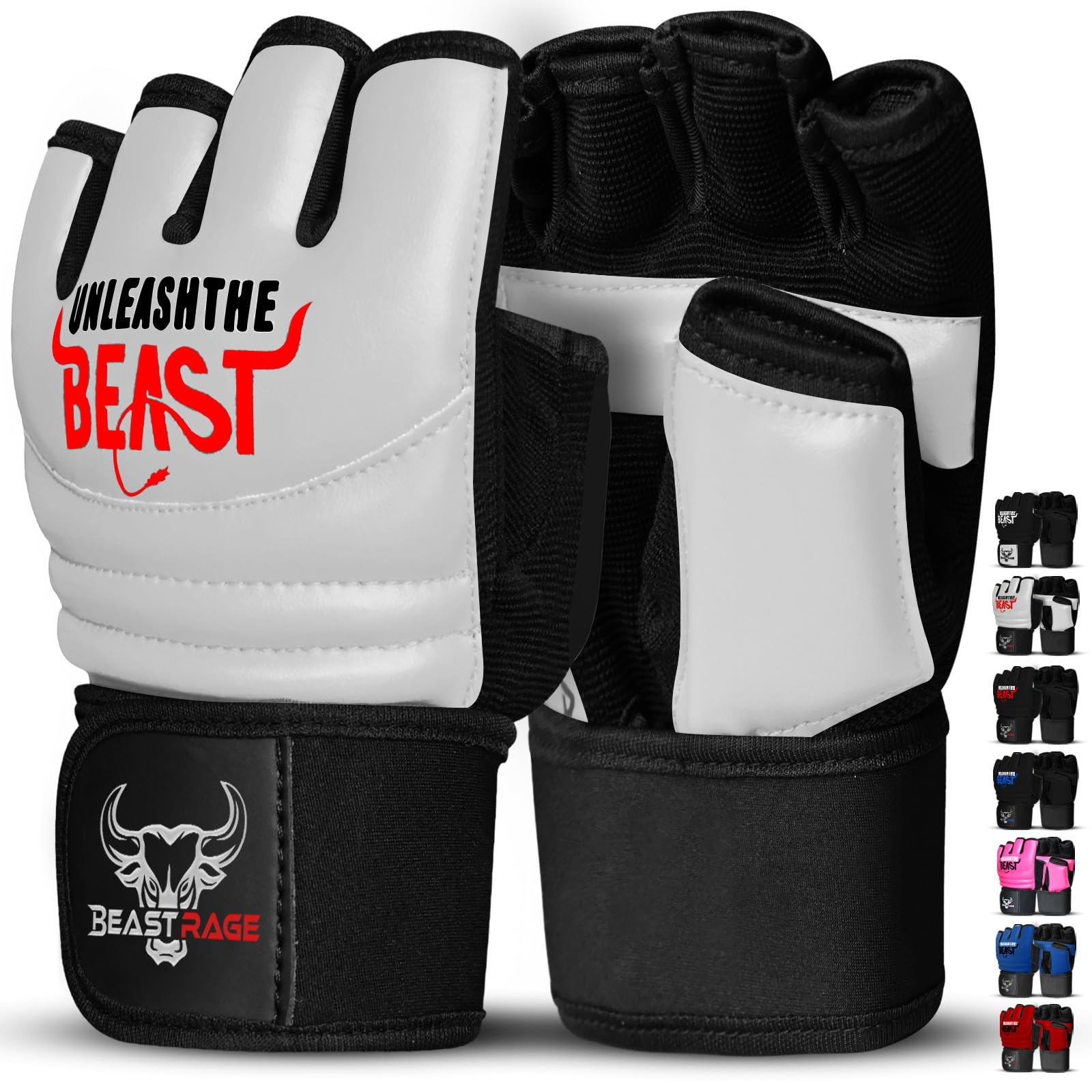 BEAST RAGE Punch Bag Taekwondo Karate Gloves for Men and Women,Half Finger MMA Kickboxing Sparring Martial Arts Boxing Fight Gloves Training Light Workouts,Muay Thai,Karav MAGA (White, S)