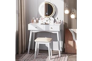 Furmax Vanity Desk Makeup Vanity Table with Lighted Mirror Vanity Set with Modern Desktop, Soft Cushioned Stool, 4 Storage Drawers, 3 Colors Mirror Brightness Adjustable (White)