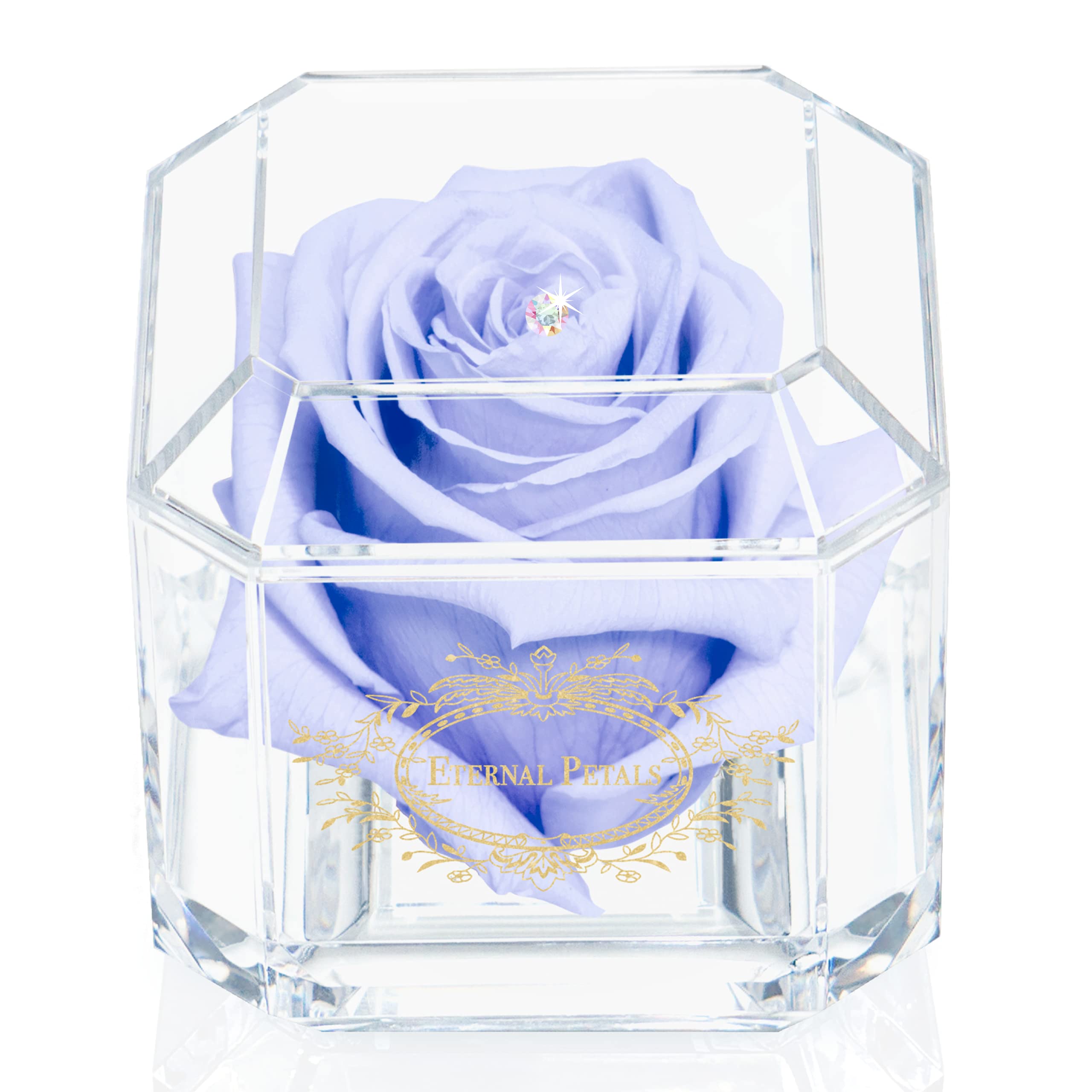 A 100% Real Rose That Lasts Years - Eternal Petals, Handmade in UK – Gold Solo with A Multicolour Crystal (Light Lavender)